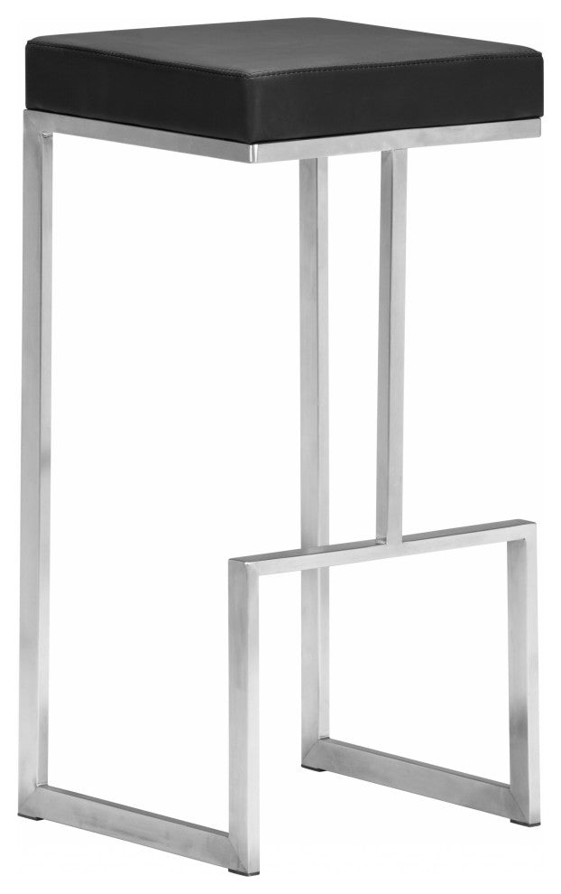 Set of Two Black Faux Leather and Stainless Geometric Backless Barstools