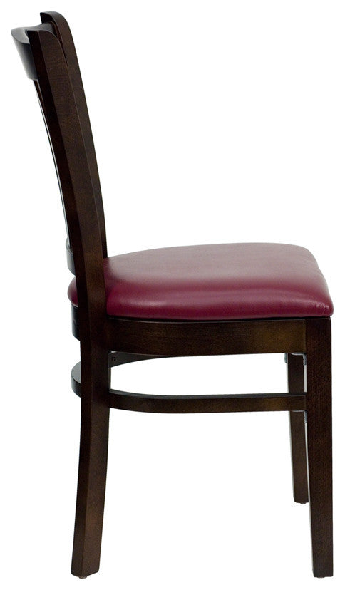 Vertical Slat Back Mahogany Wood Restaurant Chair, Burgundy Vinyl Seat