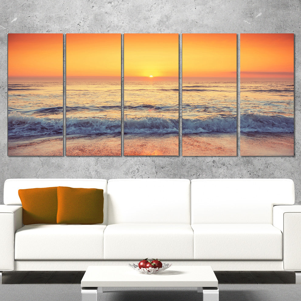 Yellow Cloudscape over Seashore, Large Beach Canvas Wall Art, 60"x28", 5 Panels
