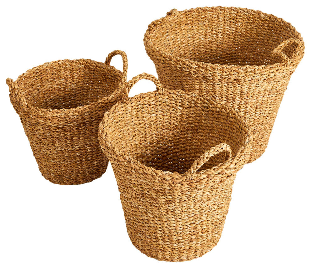 Set of 3 Woven Sea Grass Storage Baskets Tapered 18 16 14 in Natural Spa Towel