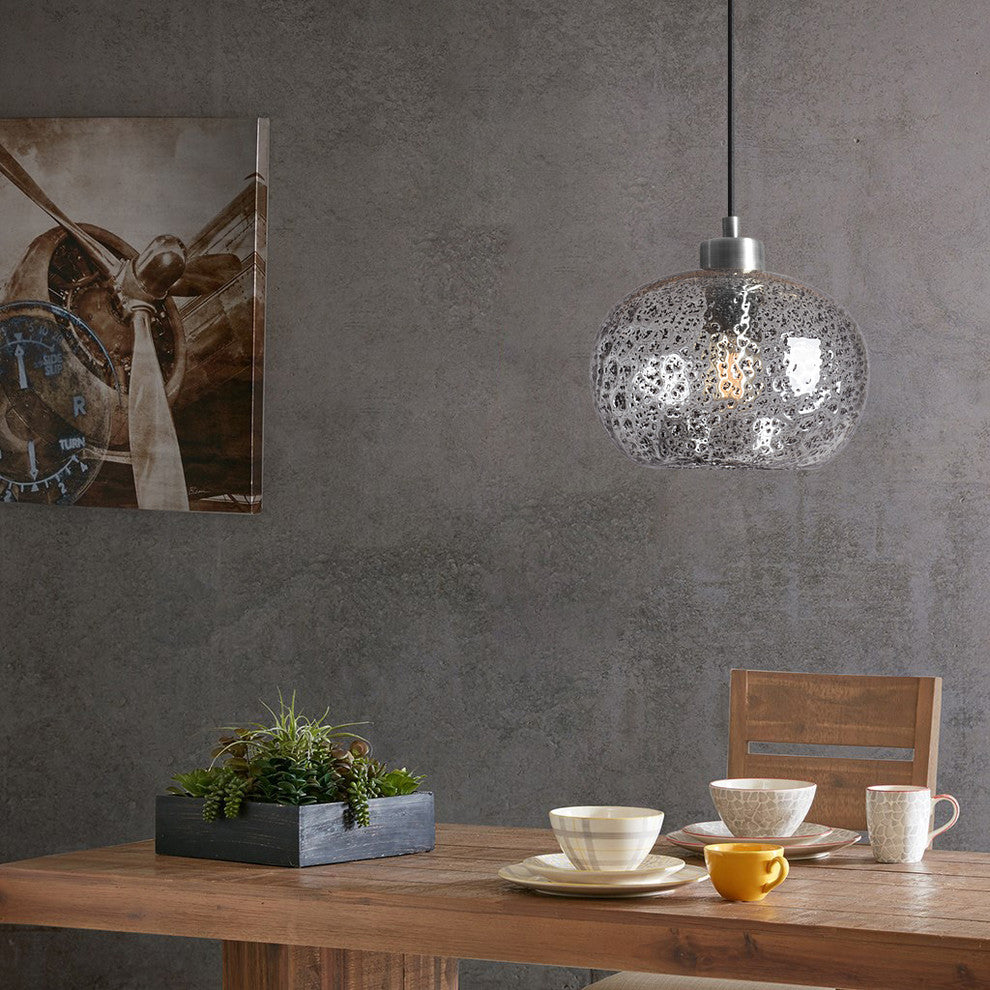 Mini Pendant Light Handblown, Clear, 6"x9", Brushed Nickel
