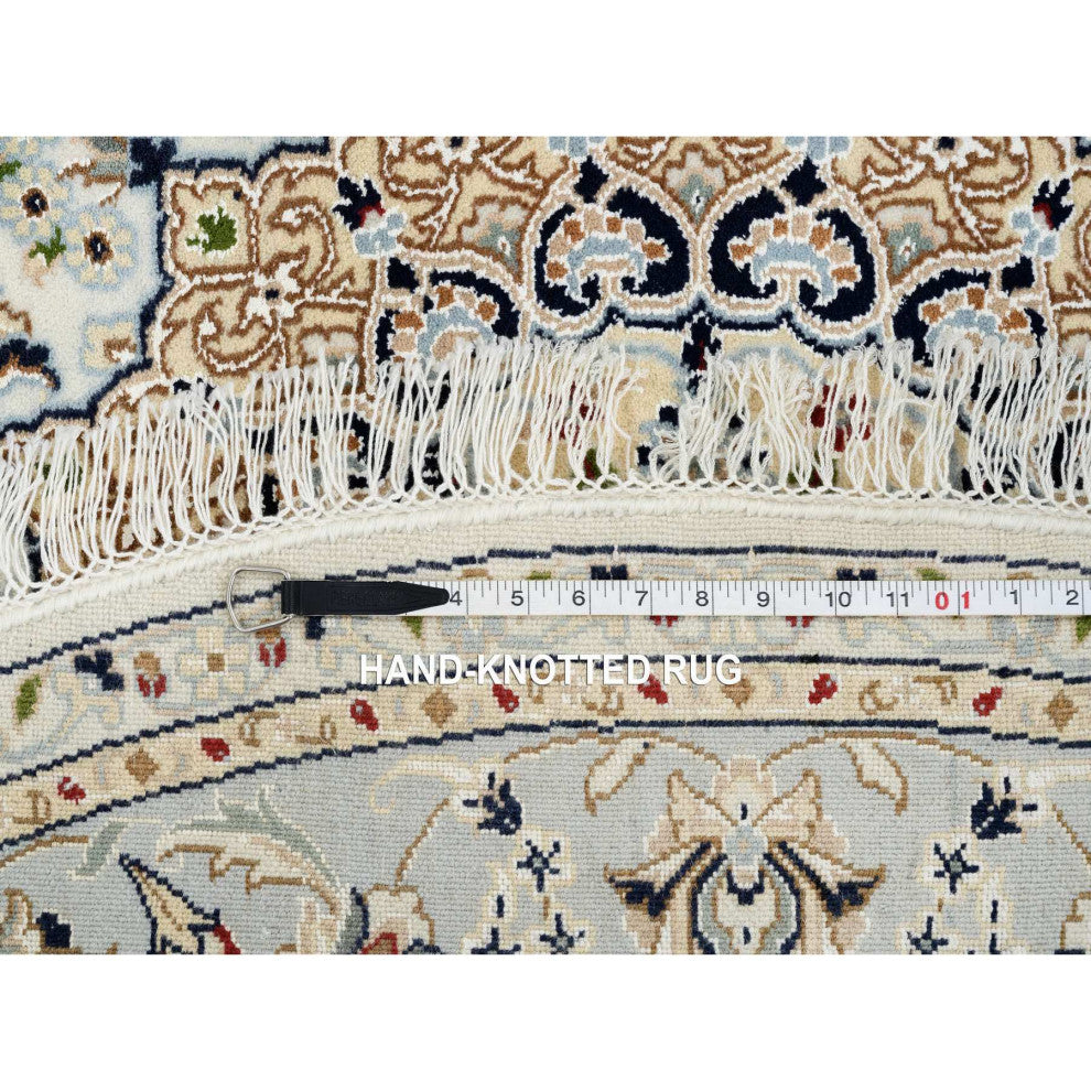 Ivory Nain With Flower Medallion Design Wool and Silk Hand Knotted Rug, 6'x6'