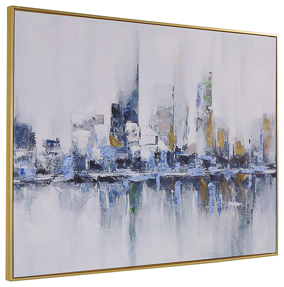 Cityscape Abstract Wall Art 24x32 With Gold Frame, Teal