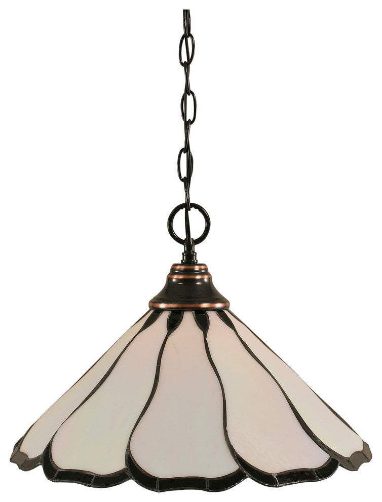 Chain Hung Pendant, Black Copper, 16" Pearl and Black Flair Tiffany