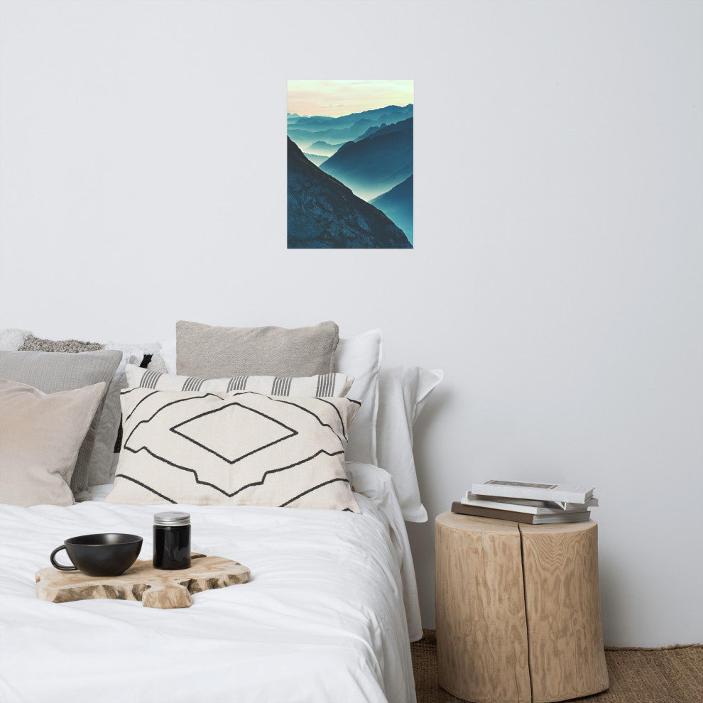Misty Blue Silhouette Mountain Range Landscape Photo Unframed Wall Art Prints, 18" X 24"