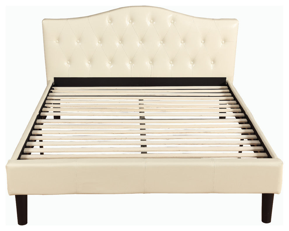 Classic Deluxe Bonded Leather Platform Bed With Wooden Slats, Ivory, Full