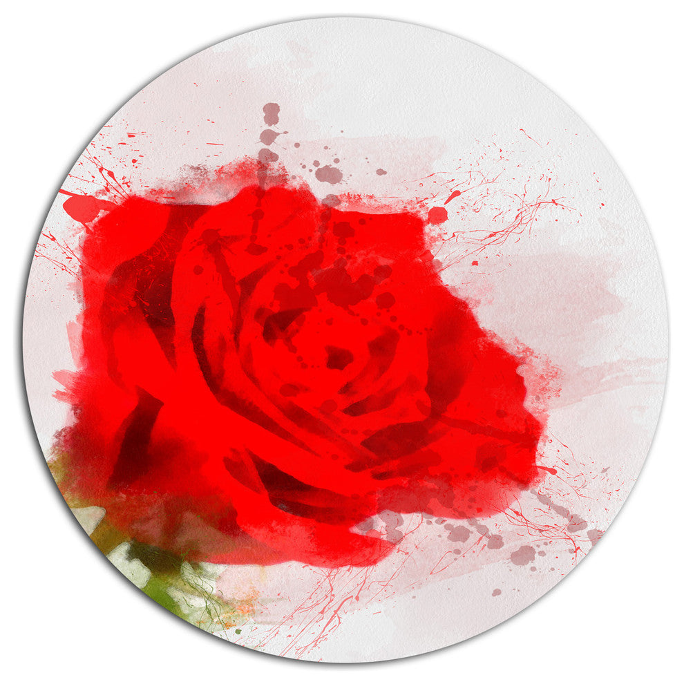 Bright Red Watercolor Rose Sketch, Floral Large Disc Metal Artwork, 23"