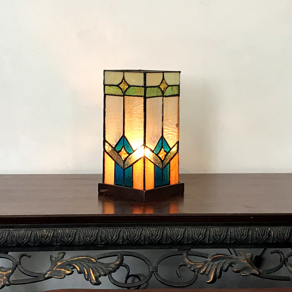 Gregory Tiffany-Glass Accent Pedestal 1-Light Mission Table Lamp 11"