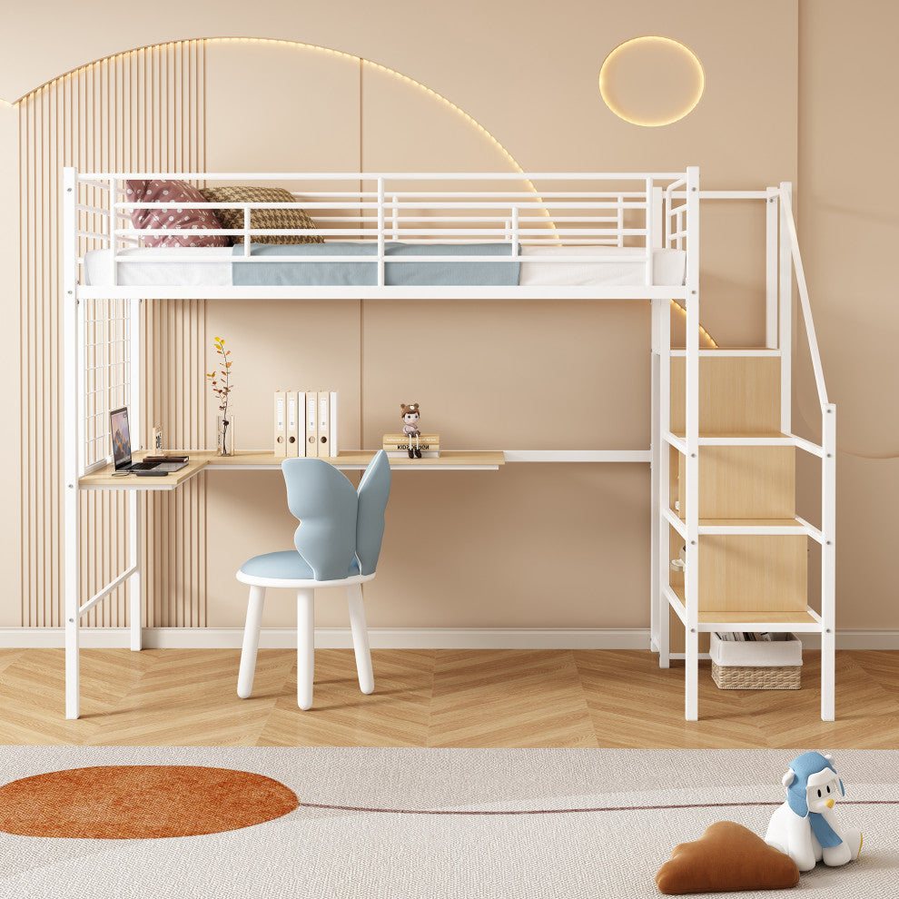 Gewnee Twin Loft Bed with Desk and Storage Wardrobe