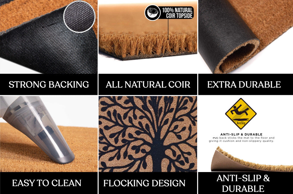 A1HC Natural Coir, Tree of life, Flock Doormat, 24"x39"
