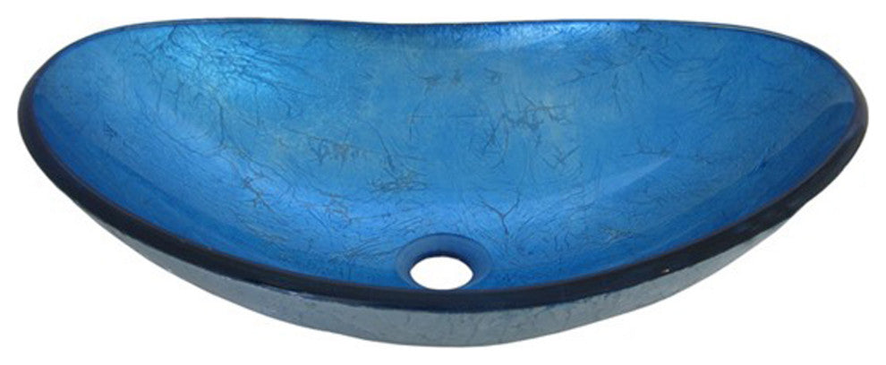 Azzurro Blue Foiled Oval Glass Vessel Bathroom Sink w/ Drain, TIG-S132-8031, Chrome