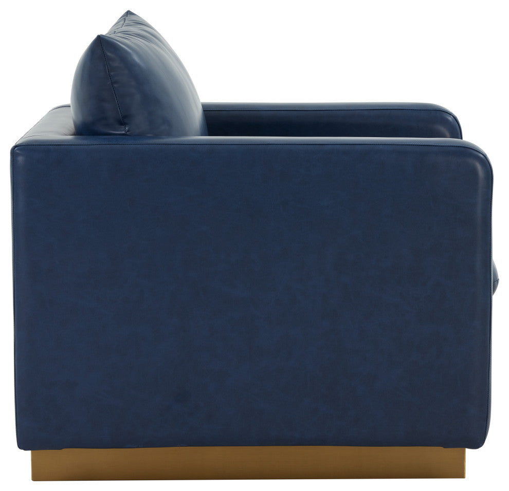 LeisureMod NS32BU-L Nervo Navy Blue Leather Accent Armchair With Gold Frame