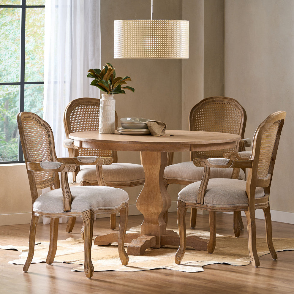 Ardyce French Country Fabric Upholstered Wood and Cane 5-Piece Dining Set, Natural/Beige