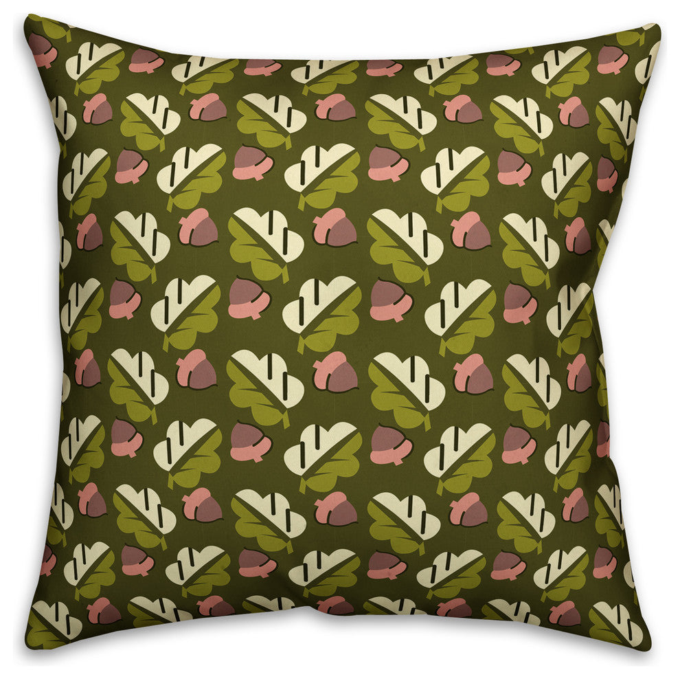 Acorns and Leaves Pattern, Green Outdoor Throw Pillow, 18"x18"