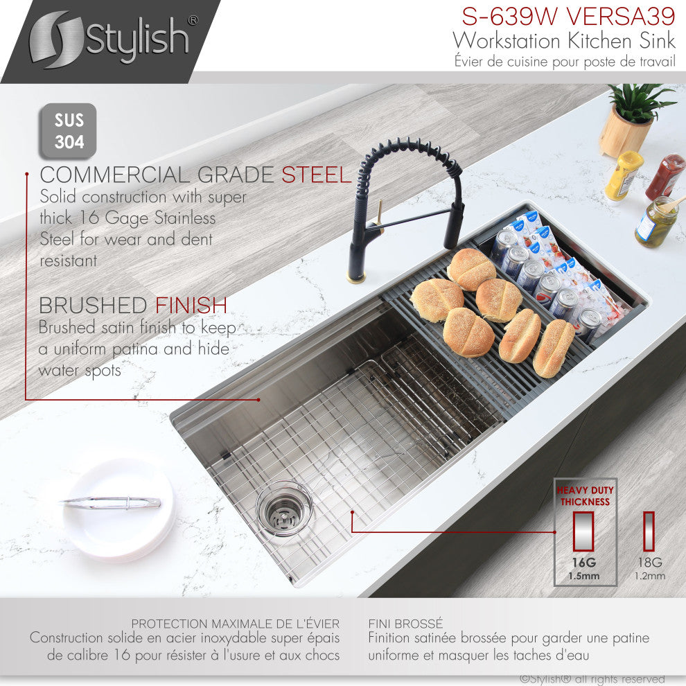 STYLISH 39"x19" Stainless Steel Single Bowl Undermount Workstation Kitchen Sink