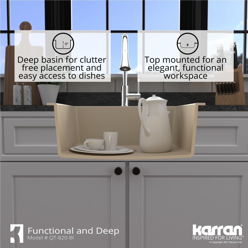 Karran QT-820 Top Mount 25" Single Bowl Quartz Kitchen Sink, Bisque