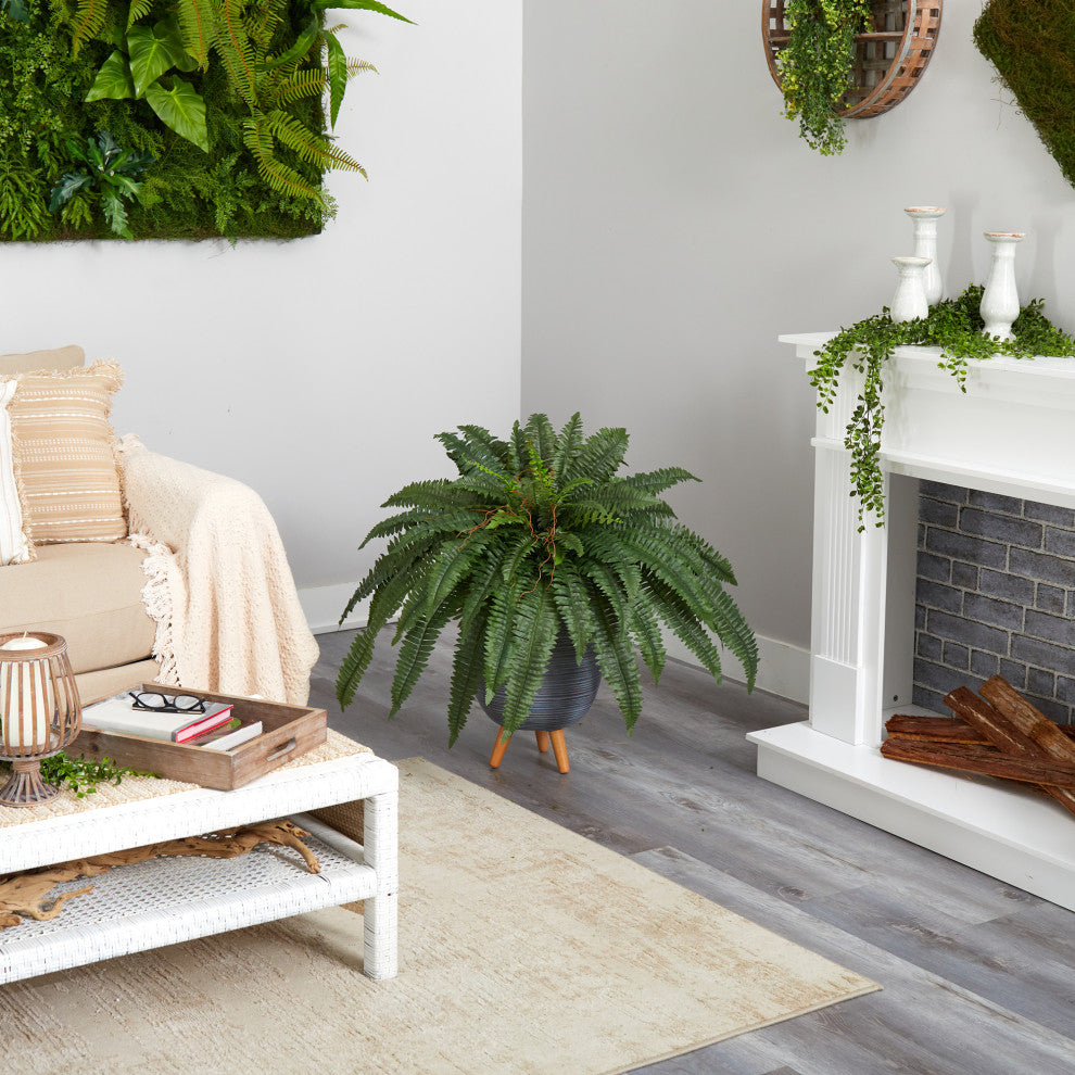 2.5' Boston Fern Artificial Plant, Gray Planter With Stand
