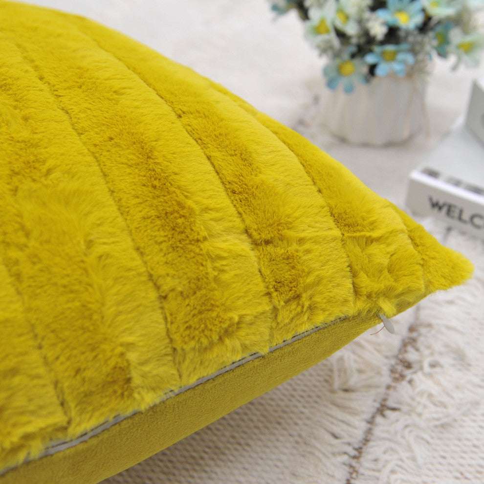 Rabbit Faux Fur Throw Blanket With 2 Pillows, Lemon Curry
