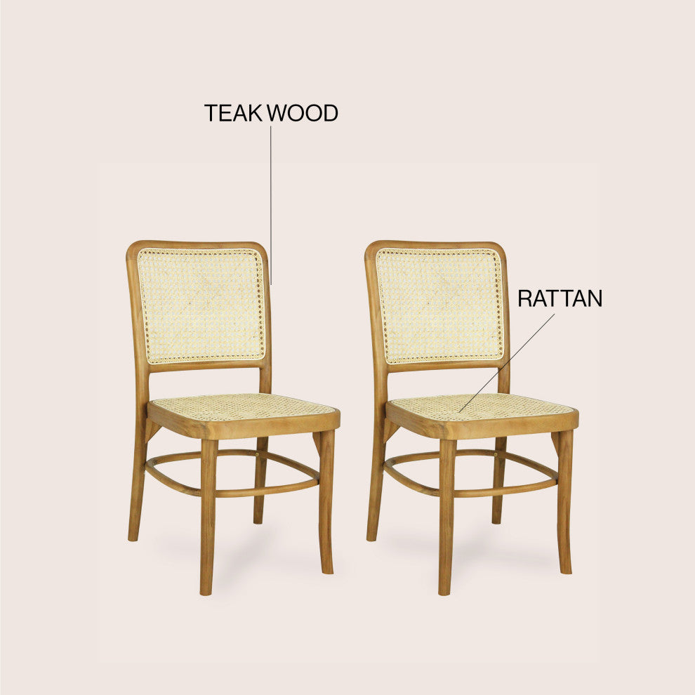 Colmar Mid-Century Vintage Wood Rattan Dining Chair, Natural, Set of 2