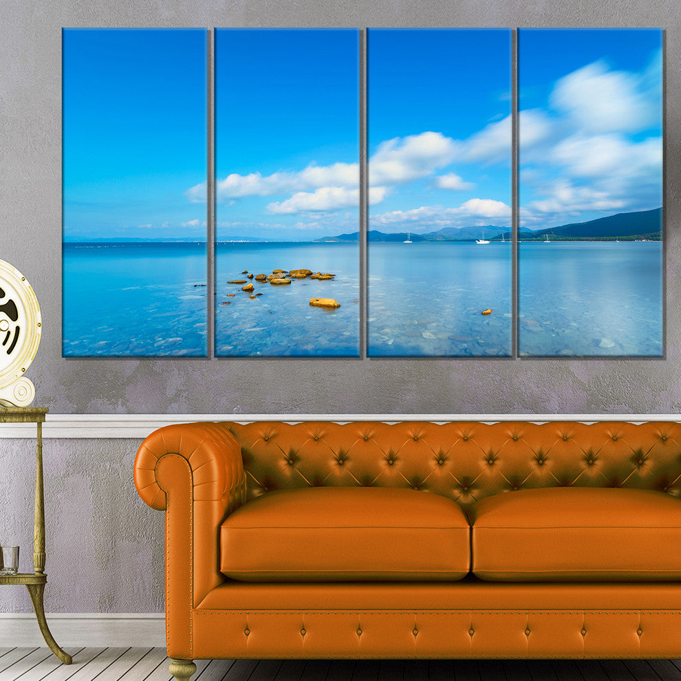 "Rocks in A Blue Panoramic Sea Bay" Seashore Wall Art, 4 Panels, 48"x28"