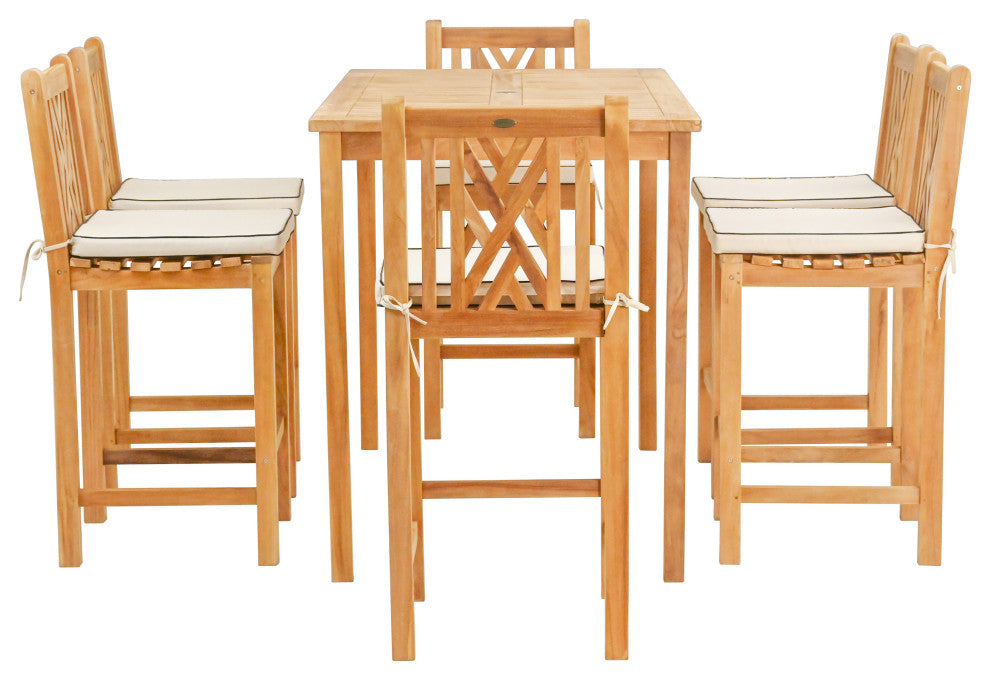 7 Piece Teak Wood Chippendale 55" Rectangular Bistro Bar Set, 6 Bar Chairs