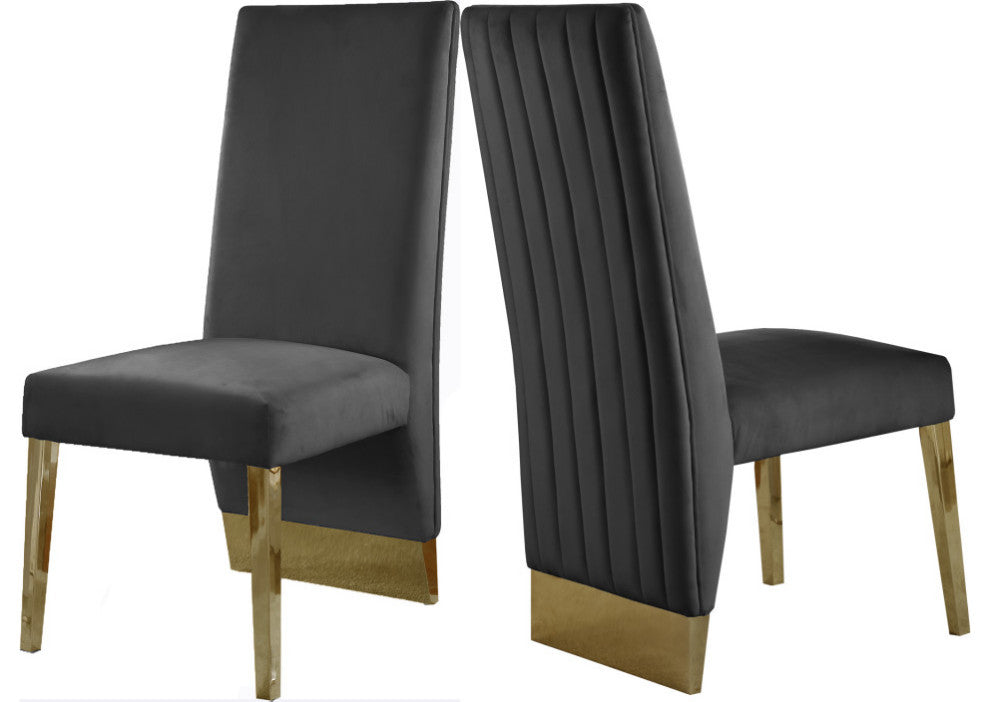 Porsha Dining Chair, Set of 2, Gray Velvet, Gold Legs