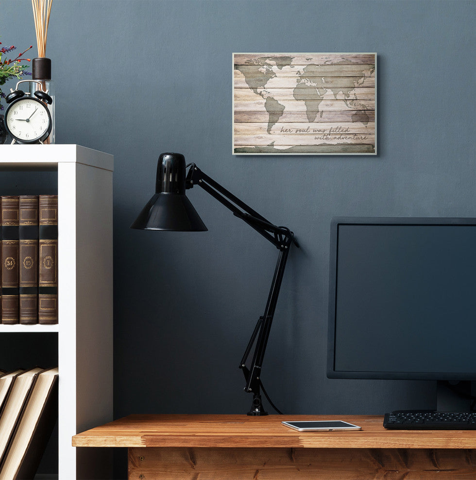 Inspirational Word World Map Wood Te"xture Design, 10"x15"