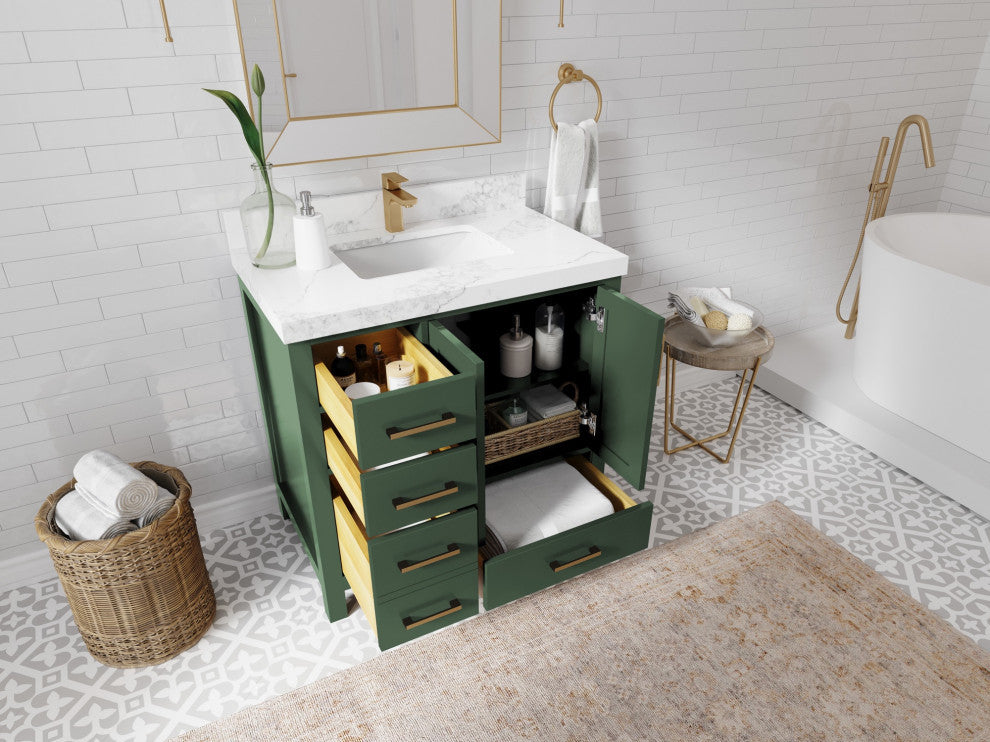 Malibu 36 Center Sink Bath Vanity in Lafayette Green 2" Calacatta Sienna