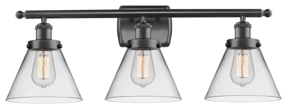 Large Cone 3-Light Bath Vanity-Light, Matte Black, Clear