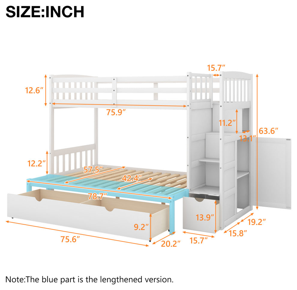 Twin over Full Bunk Bed with Storage Shelves and Drawers, White