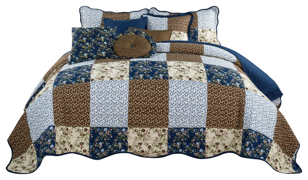 Patchwork Quilted 8-Piece Bed Spread Coverlet Set, Dark Blue, King