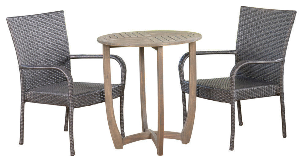 GDF Studio 3-Piece Jared Outdoor Wood and Wicker Bistro Set, Gray and Gray