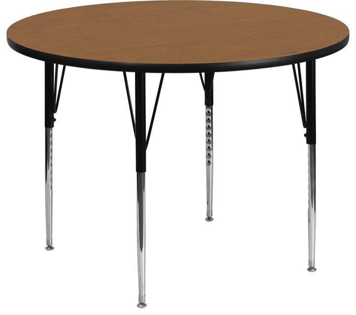 48'' Round Oak Thermal Laminate Activity Table - Standard Height Adjustable Legs