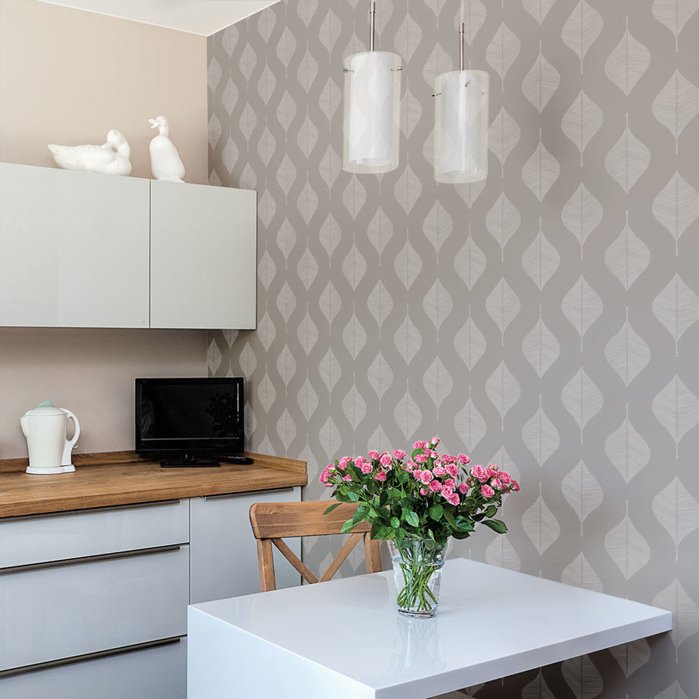 Line Leaves Peel and Stick Vinyl Wallpaper, Off White Warm Gray, 24"w X 60"h