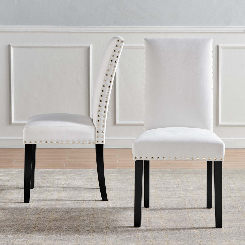 Side Dining Chair, Set of 2, Velvet, Wood, White, Modern, Cafe Bistro Restaurant