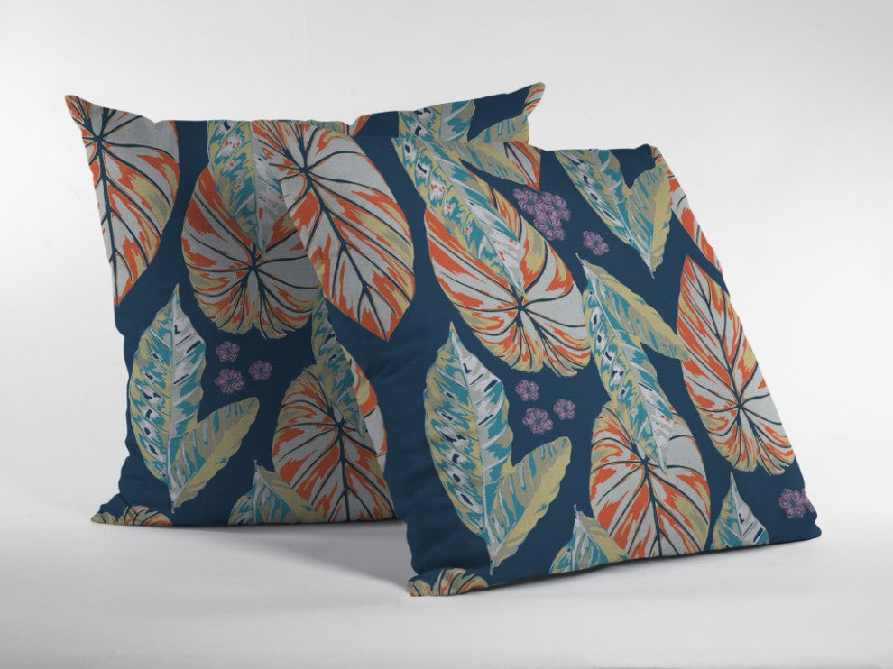 16" Orange Blue Tropical Leaf Zippered Suede Throw Pillow
