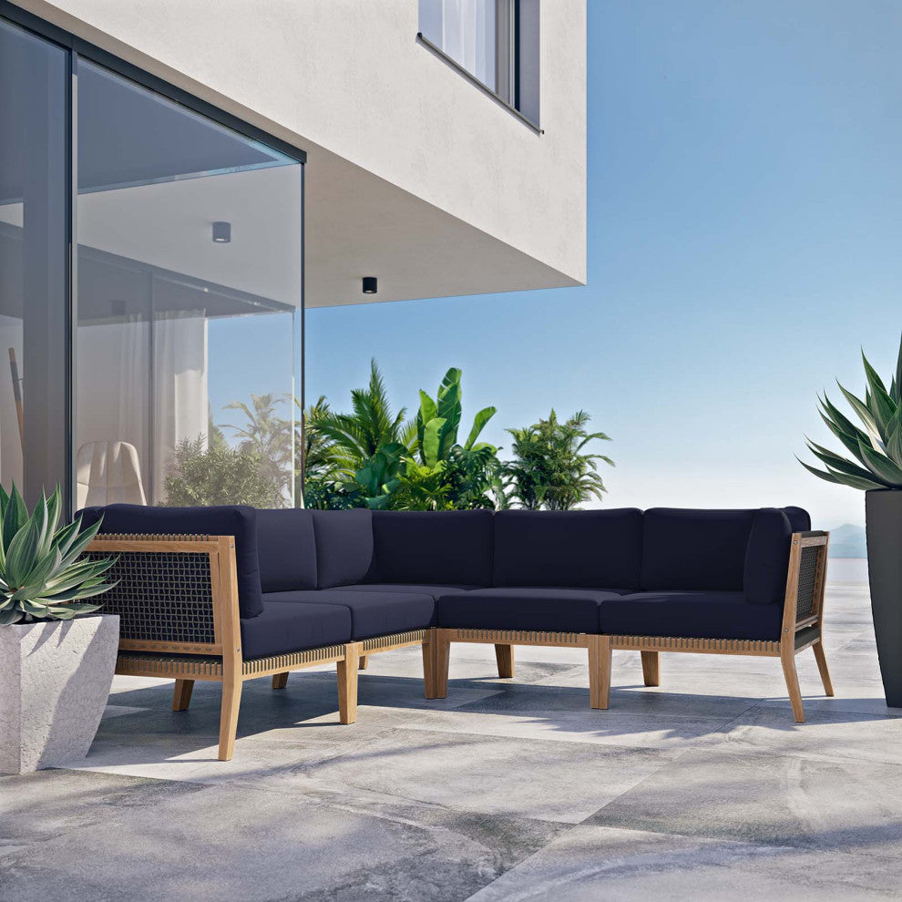 Clearwater Outdoor Patio Teak Wood 5-Piece Sectional Sofa, Gray Navy