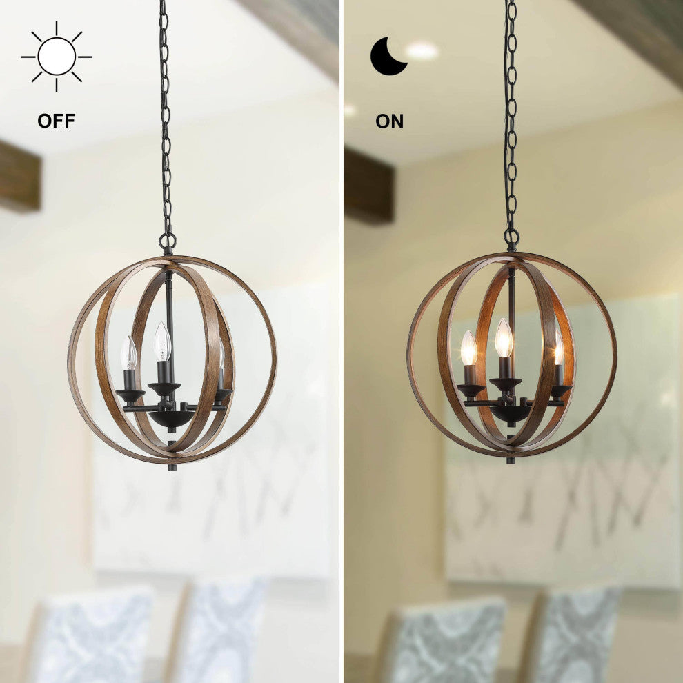 LNC Farmhouse Amtique Globe Brown Wood Chandelier for Kitchen Island, 3 Lights