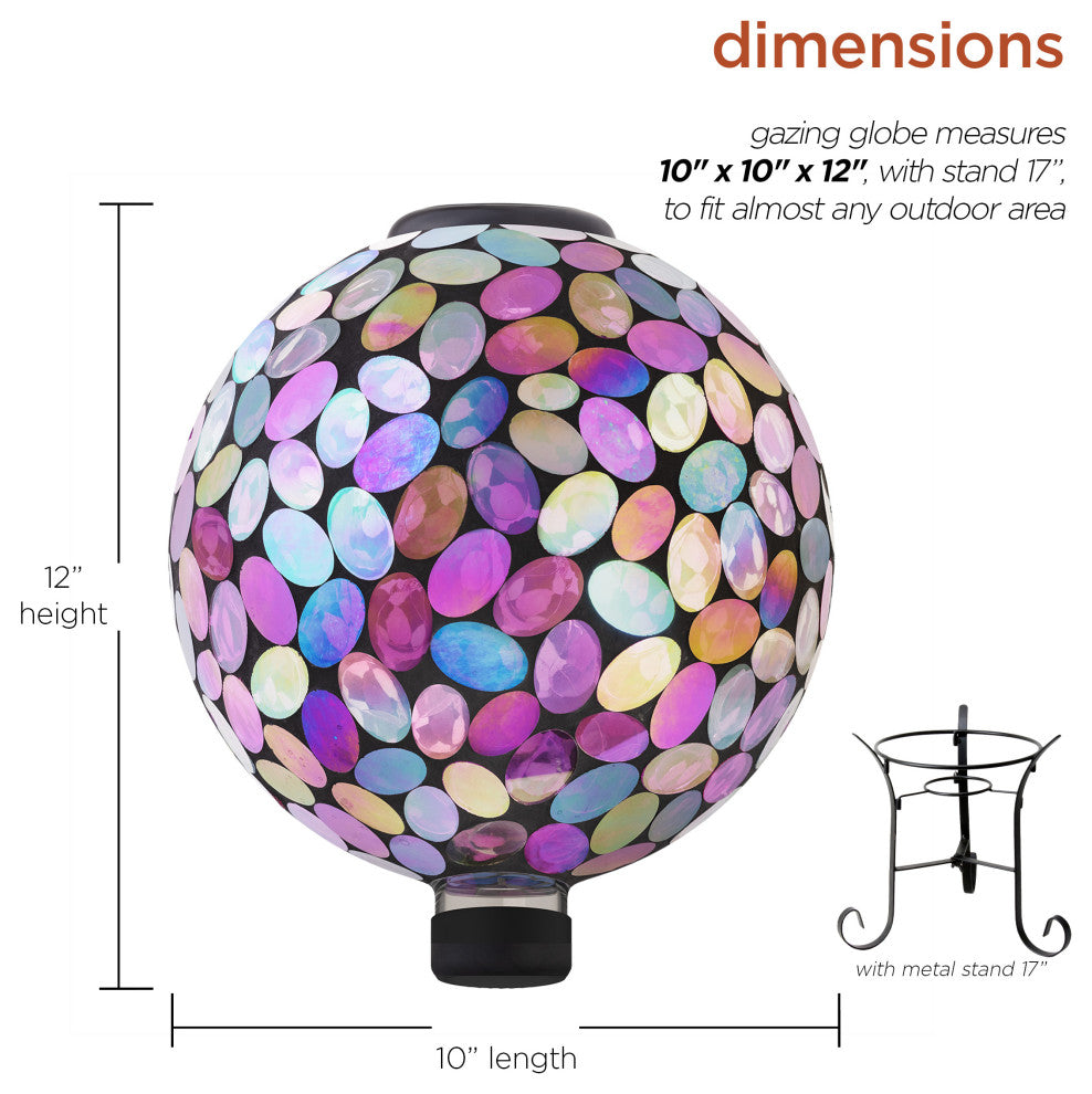 Solar Powered Pink Glass Mosaic Gazing Globe with LED Lights and Metal Stand