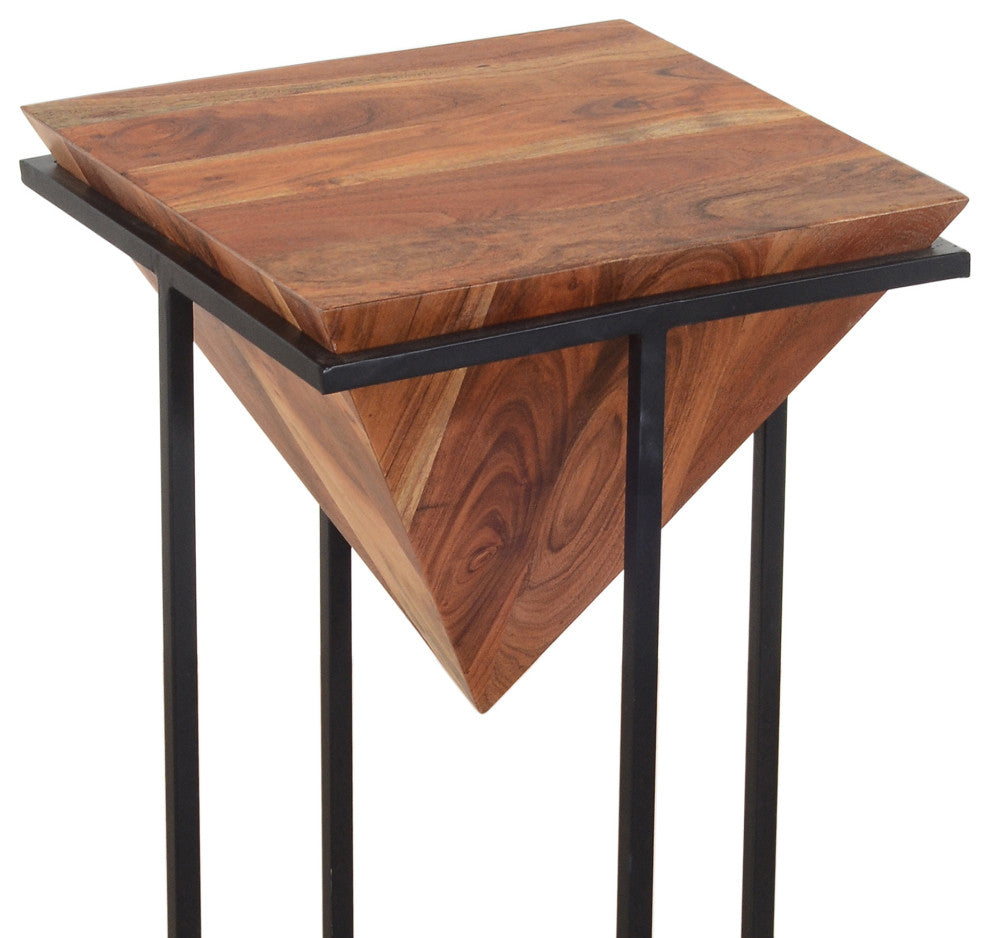 Pyramid Shape Wooden Side Table With Cross Iron Base, Brown and Black, 26 Inch