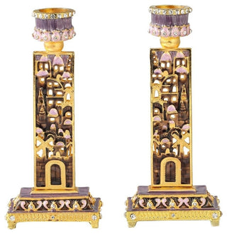 Shabbat Candlestick (2-Piece Set) Hand-Painted  Gold-Plated Pewter