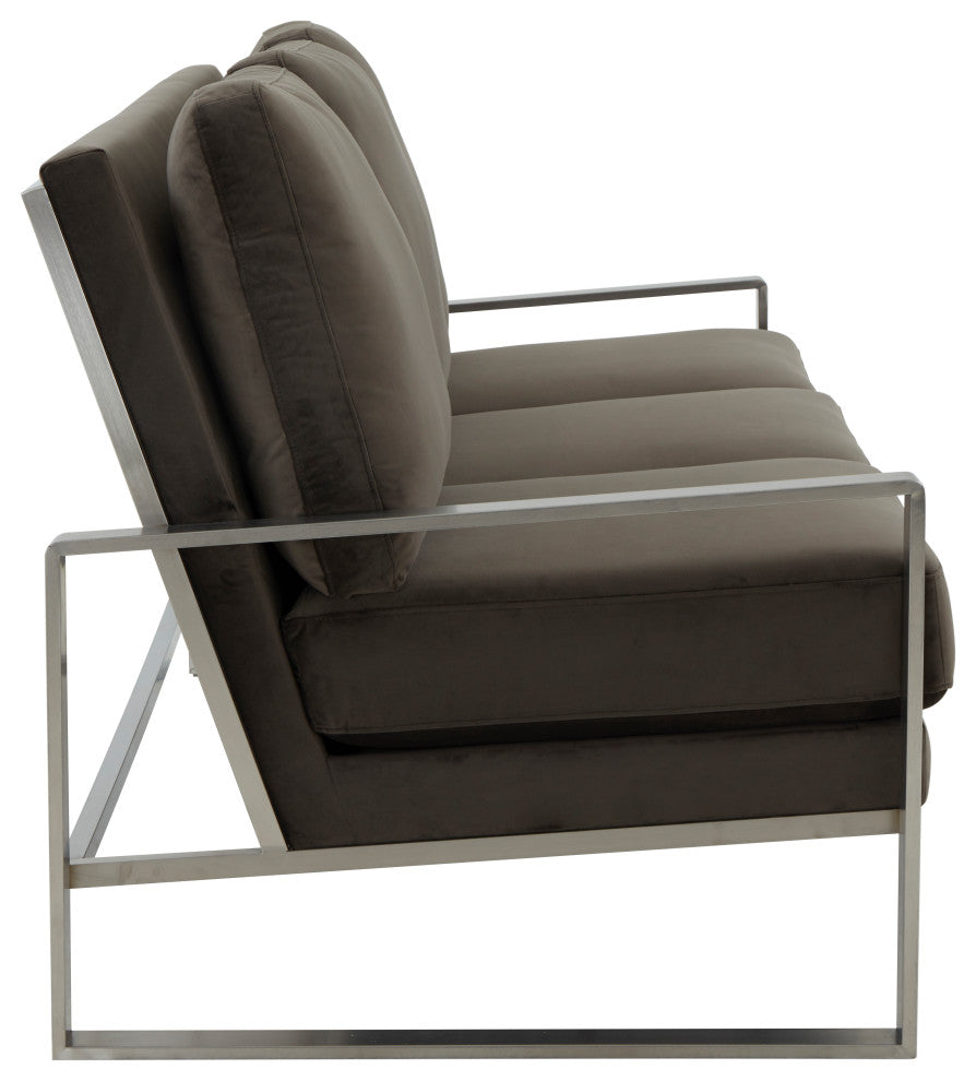 LeisureMod Jefferson Modern Design Velvet Sofa With Silver Frame, Dark Gray