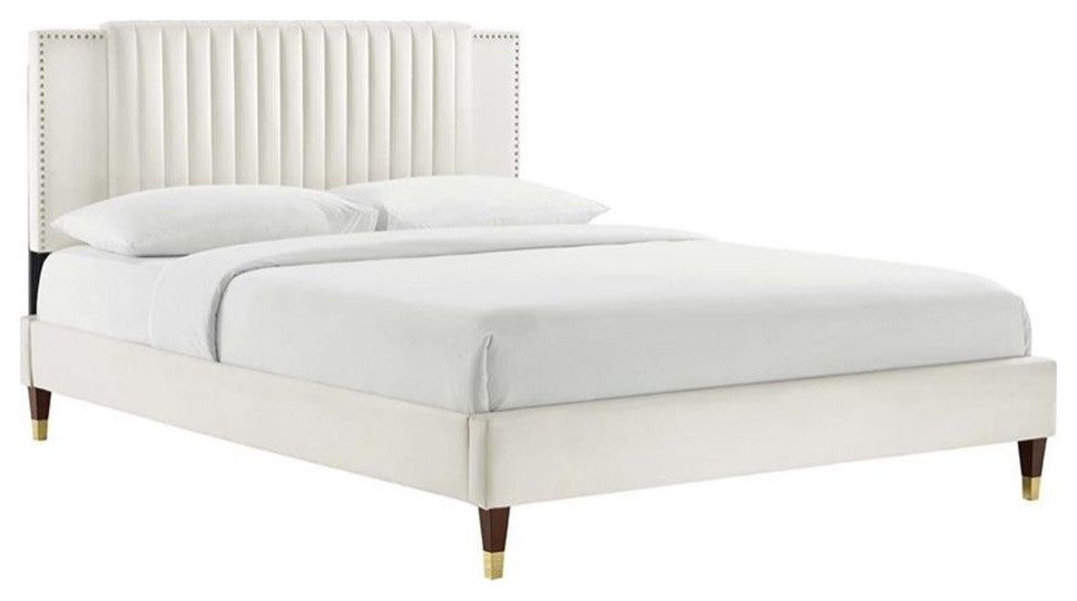 Zahra Channel Tufted Performance Velvet King Platform Bed, White