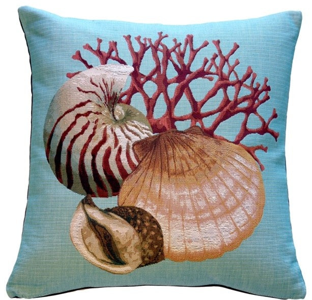 Pillow Decor - Coral and Shells Blue Nautical Throw Pillow