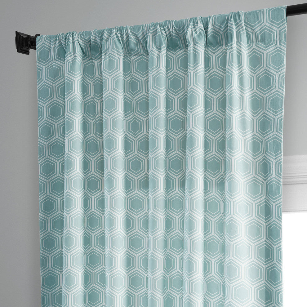 Honeycomb Ripple Printed Cotton Curtain Single Panel, Honeycomb Ripple Aqua, 50wx84l