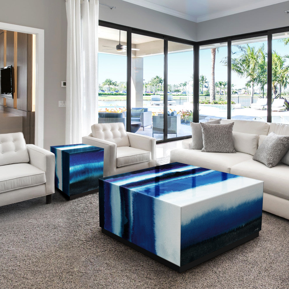 "Blue Run Off" Reverse Printed Glass Side Table with Black Plinth Base Set of 2