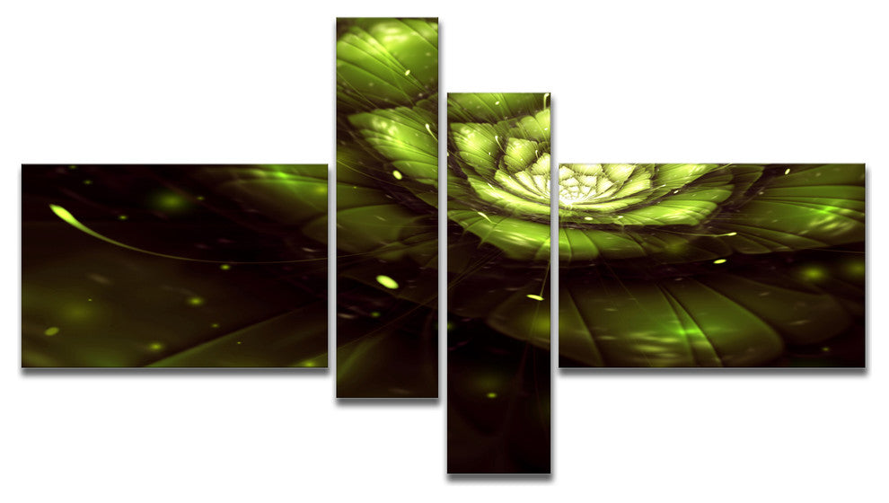 Green Flower with Sun Rays, Floral Art Canvas Print, 60"x32", 4 panels