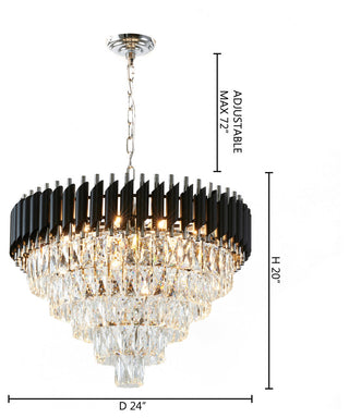 Round Black and Chrome Frame Chandelier With Clear Hanging Crystals