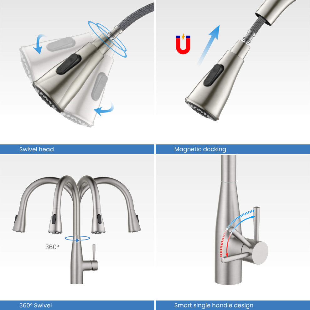 Bari-T Single Handle Pull Down Faucet, Brushed Nickel, With Soap Dispenser