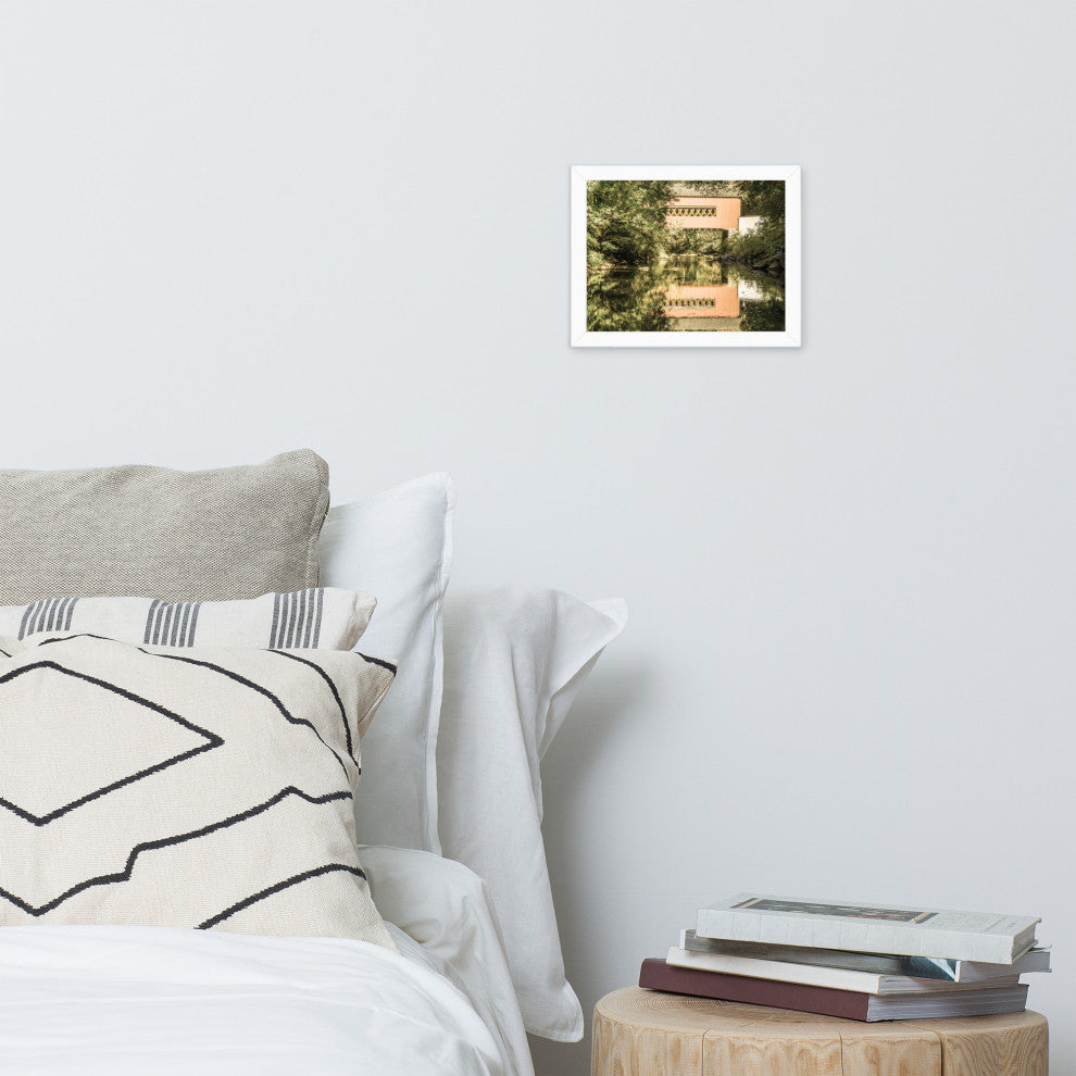 The Reflections of Wooddale Covered Bridge Aged Framed Photo Wall Art Print, White, 8" X 10"